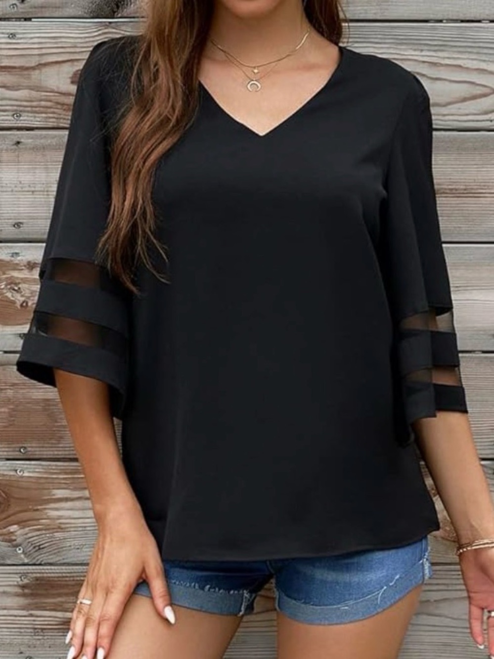 Vetinee Black V-Neck Bell Sleeve Blouse Size 2X Plus Size Mesh Detail Top